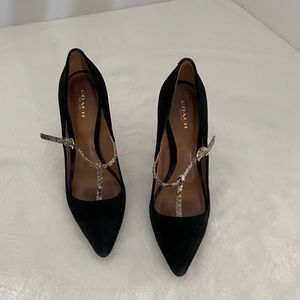 Coach New York Fulton black suede & natural print snake heel. T-strap.
